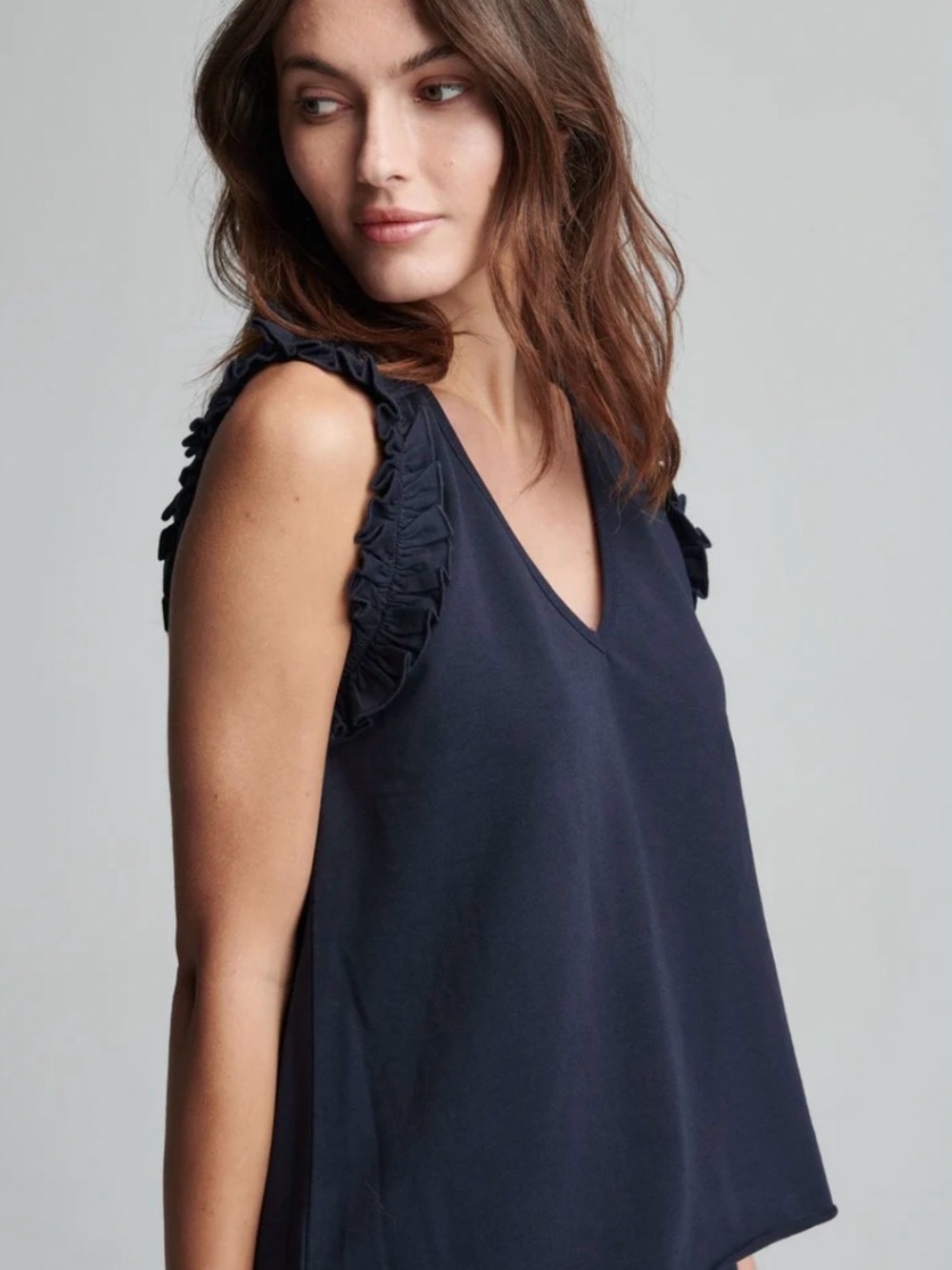 sundays Navy Ruffle-Trim V-Neck Tank